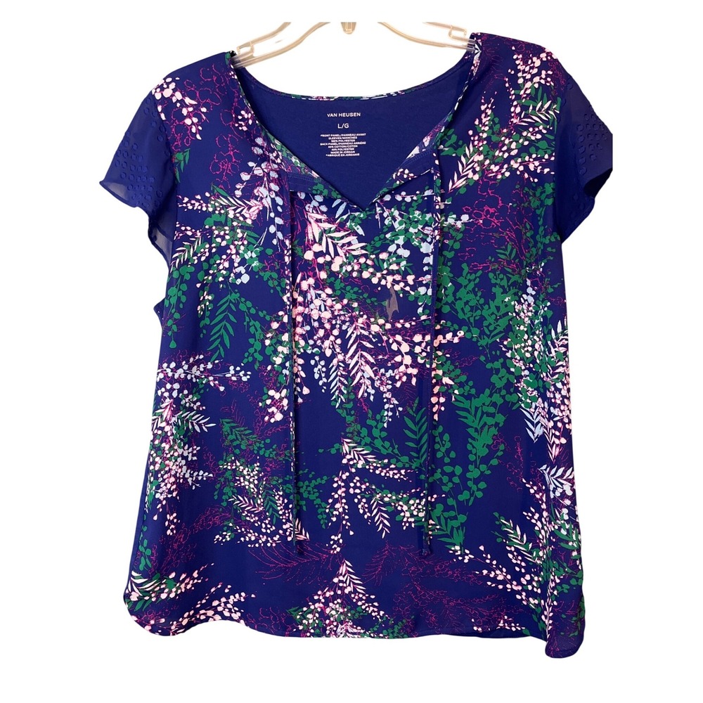 Van Heusen Womens Navy Floral Mixed Media Blouse Short Flutter Sleeve Large